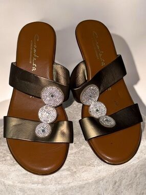 Contesa Italian Leather Rhinestone Wedge Slip-On Sandals